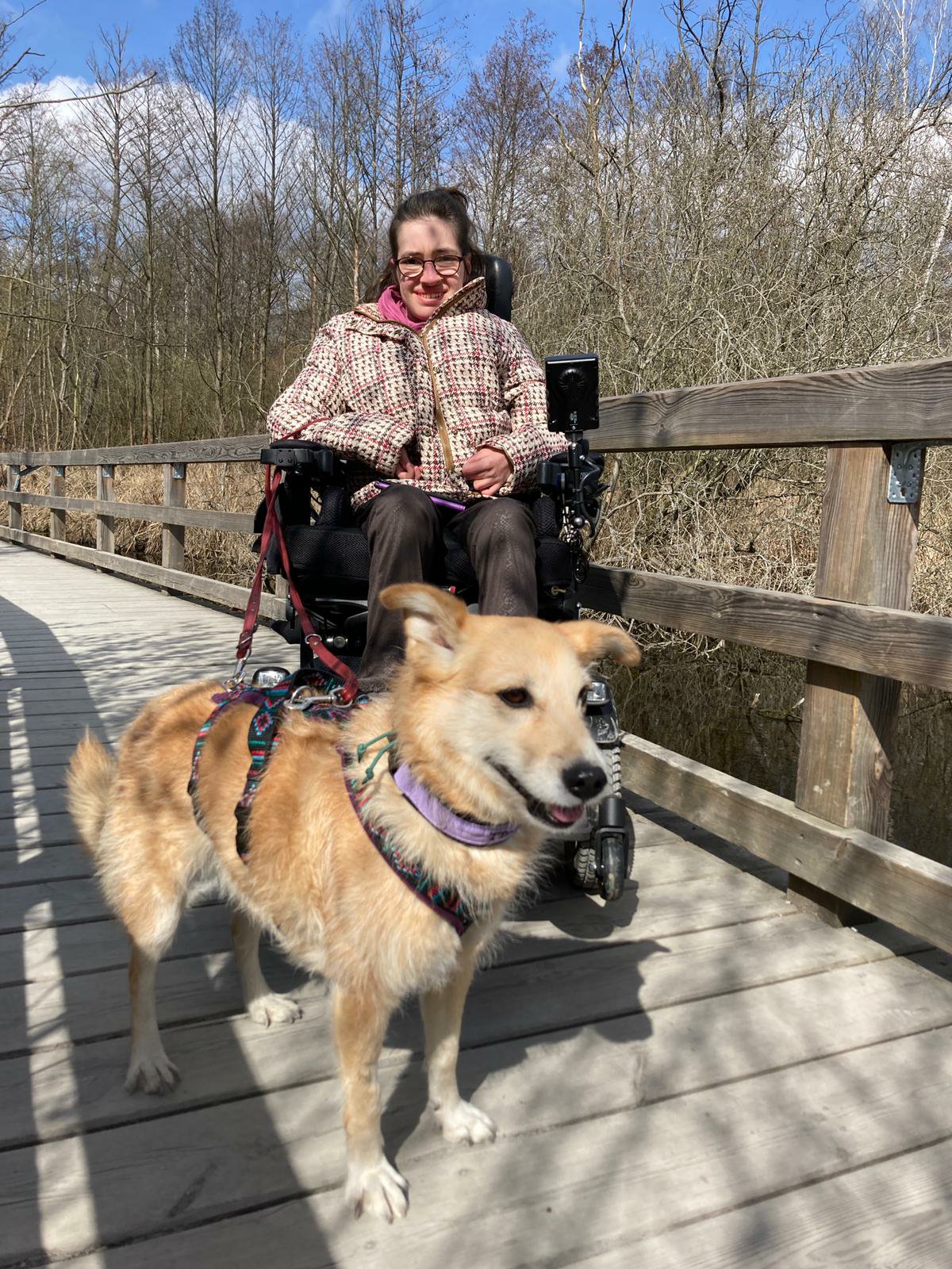 Laura, eine weiße Frau mit Brille und dunklen Haaren sitzt im Rollstuhl und steht auf einem Holzweg, vor ihr steht ihr Hund.